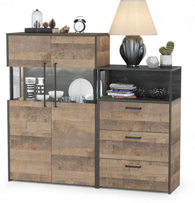 Трувор 13.306 Комод с витриной + 13.307.02 Комод с ящиками, дуб гранж песочный/интра