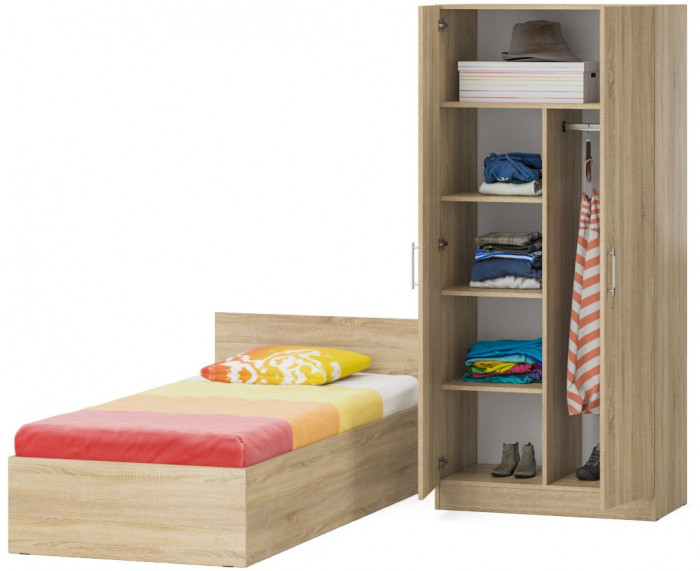 Кровать 0900 + Шкаф 2-х створчатый Стандарт, дуб сонома