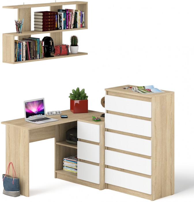 Мори компьютерный стол МС-16 правый + Комод МК700.5 + Полка 1200, дуб сонома/белый