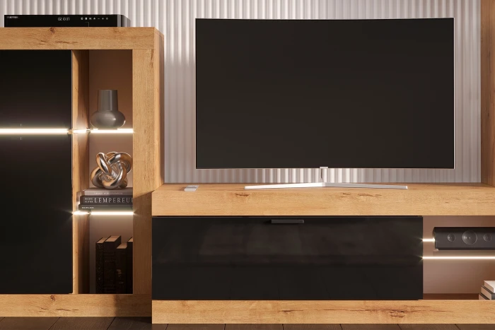 Прага Модульная Гостиная, вариант №4, Дуб Вотан/Черный глянец