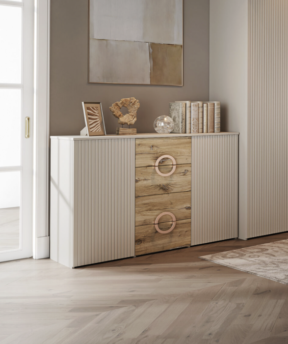 Комод 2 двери/4 ящика "Виола" - Персидский жемчуг/Дуб Флагстафф песочный