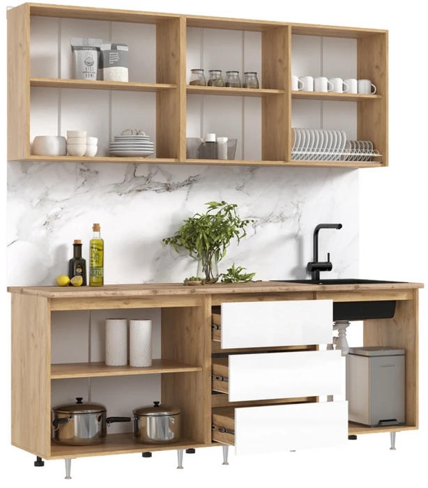 Кухня Челси 2,0м Компановка №2 белый глянец холодный/дуб крафт (вотан)