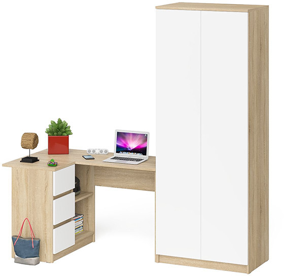 Мори Стол компьютерный МС-16 левый + Шкаф МШ800.1, цвет дуб сонома/белый, ШхГхВ 204,8х84,9х209,6 см., выдвижные ящики слева, НЕ универсальная сборка