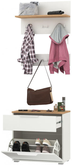 Октава 16.127 Тумба для обуви + 15.14.01 Вешалка + 15.14.02, цвет белый шагрень/дуб крафт золотой/фасады МДФ белый шагрень, ШхГхВ 64,9х35,4х197 см.