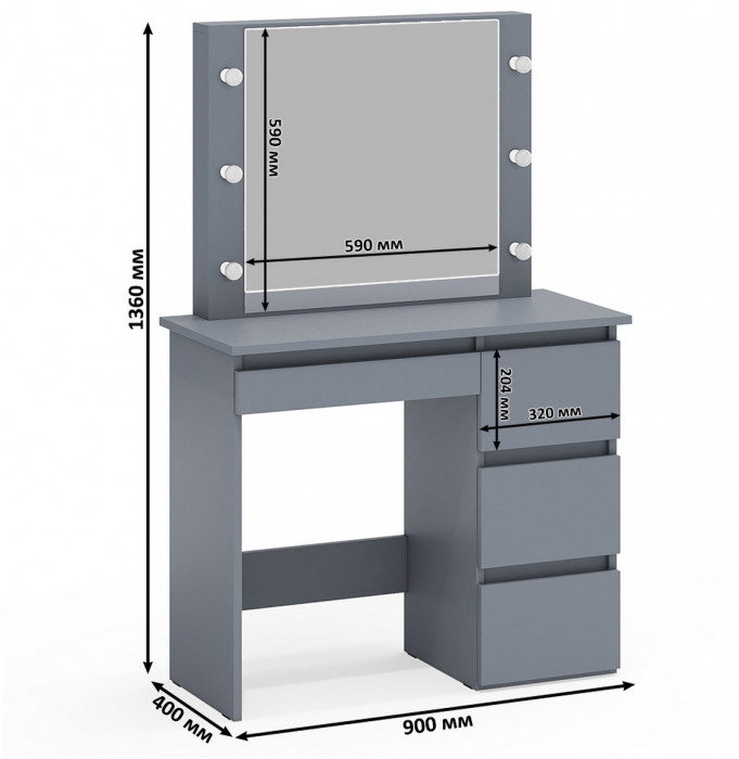Ксения Кровать с ящиками 0900 + прикроватный блок + Столик с подсветкой Сура, графит