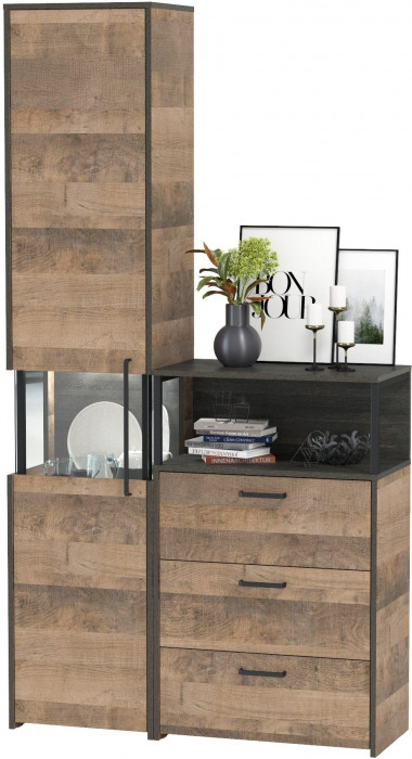 Трувор 13.205 Шкаф-пенал с витриной + 13.307.02 Комод с ящиками, цвет дуб гранж песочный/интра, ШхГхВ 110,8х37х210 см., универсальная сборка