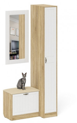 Прихожая П-6 Компоновка № 40, цвет дуб сонома/фасады МДФ белое дерево фрезеровка прованс, ШхГхВ 90х50х210 см., универсальная сборка