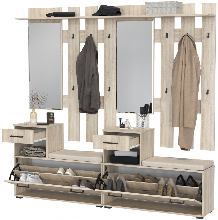 Лира ГК Прихожая 2 Два х Тумба под обувь + Два х Вешалка с зеркалом, дуб сонома