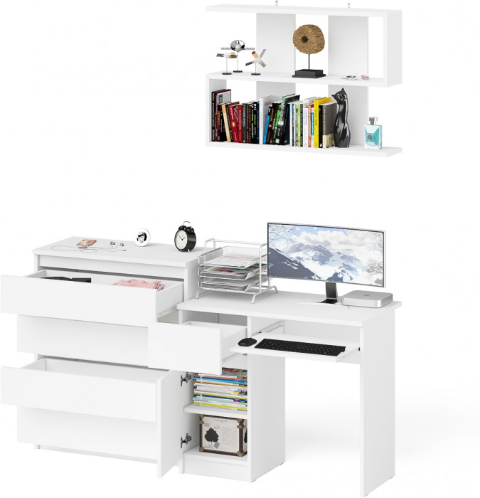 Мори компьютерный стол МС-1 левый + Комод МК800.4 + Полка 900, белый