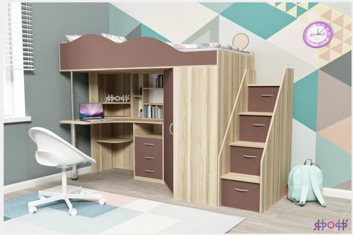 Кровать-чердак Пионер 1 (Белое дерево/Ясень Анкор темный)