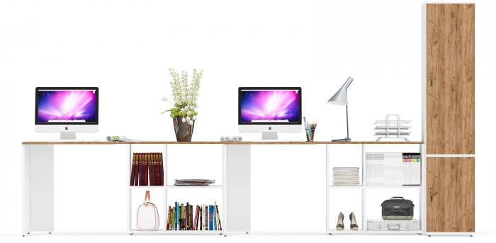 Лидер-8 Стол + Стол + Пенал МД 23Б, белый шагрень/крафт золото