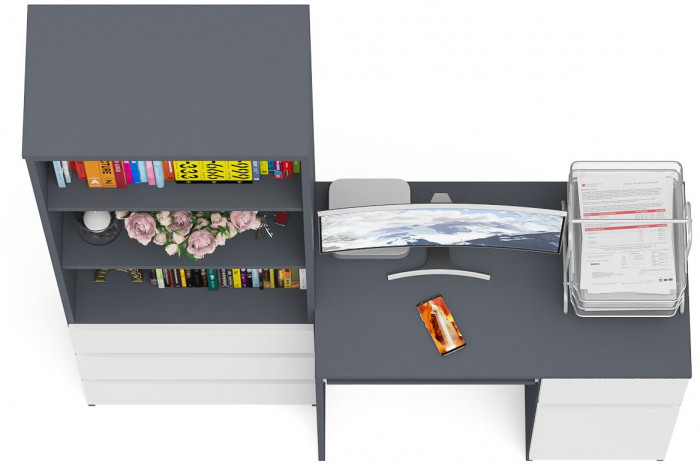 Мори Стол компьютерный МС-1 правый + Стеллаж МСТ600.3, цвет графит/белый, ШхГхВ 150,4х50х179,6 см., выдвижной ящик справа, НЕ универсальная сборка