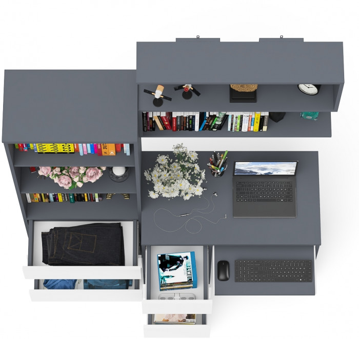 Мори Стол компьютерный МС-6 левый + Стеллаж МСТ600.3 + Полка 900, цвет графит/белый, ШхГхВ 150,4х50х209,6 см., НЕ универсальная сборка