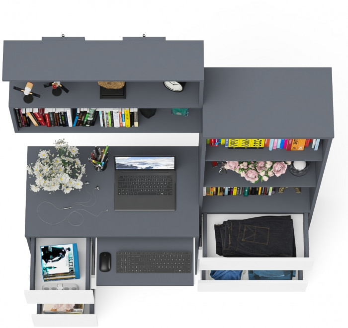 Мори Стол компьютерный МС-6 левый + Стеллаж МСТ600.3 + Полка 900, цвет графит/белый, ШхГхВ 150,4х50х209,6 см., НЕ универсальная сборка