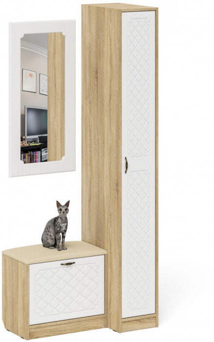 Прихожая П-6 Компоновка № 40, цвет дуб сонома/фасады МДФ белое дерево фрезеровка ромб, ШхГхВ 90х50х210 см., универсальная сборка