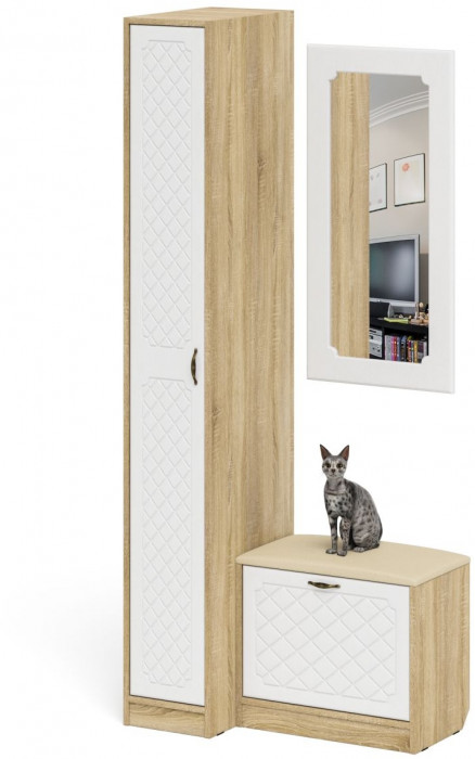 Прихожая П-6 Компоновка № 40, цвет дуб сонома/фасады МДФ белое дерево фрезеровка ромб, ШхГхВ 90х50х210 см., универсальная сборка