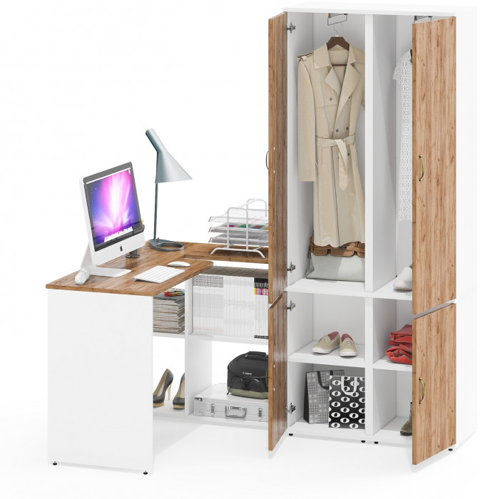 Лидер-8 Стол + Пенал МД 21Б + Пенал МД 21Б, белый шагрень/крафт золото