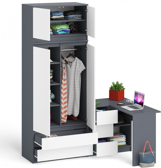 Мори Стол компьютерный МС-16 левый + Шкаф МШ900.1 + Антресоль МА900.1, цвет графит/белый, ШхГхВ 214,8х84,9х234,2 см., выдвиж. ящики слева, НЕ ун. сб.