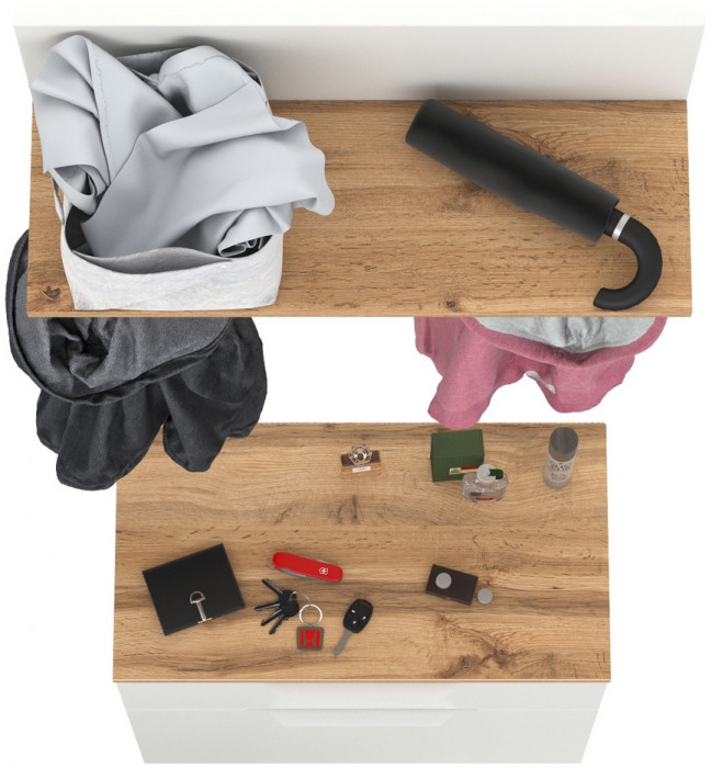 Октава 16.127 Тумба для обуви + 15.14.01 Вешалка, цвет белый шагрень/дуб крафт золотой/фасады МДФ белый шагрень, ШхГхВ 64,9х35,4х197 см.