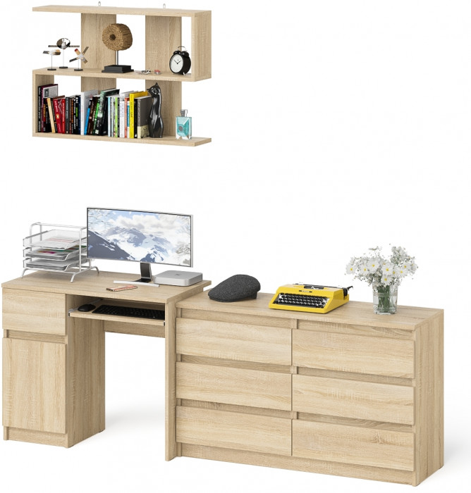 Мори Стол компьютерный МС-1 левый + Комод МК1200.6 + Полка 900, цвет дуб сонома, ШхГхВ 210,4х50х209,6 см., НЕ универсальная сборка
