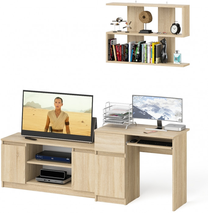 Мори Стол компьютерный МС-1 левый + Тумба МТВ1200.1 + Полка 900, цвет дуб сонома, ШхГхВ 210,4х50х209,6 см., НЕ универсальная сборка