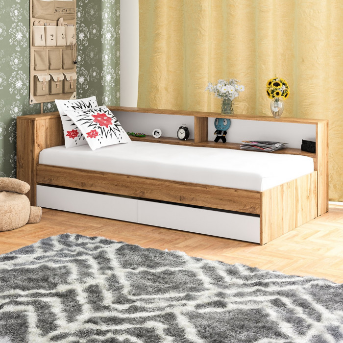 Ксения Кровать с ящиками 0900 + прикроватный блок, дуб вотан/белый