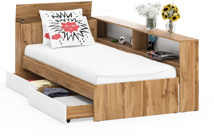 Ксения Кровать с ящиками 0900 + прикроватный блок, дуб вотан/белый