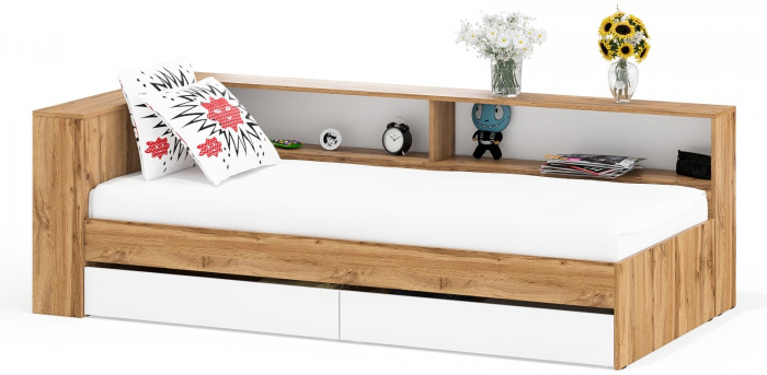 Ксения Кровать с ящиками 0900 + прикроватный блок, дуб вотан/белый