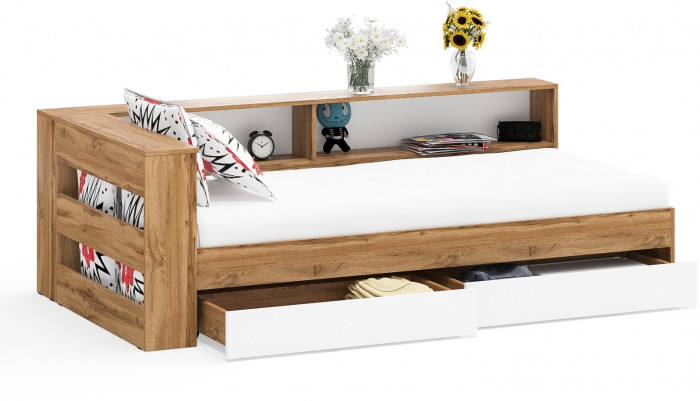Ксения Кровать с ящиками 0900 + прикроватный блок, дуб вотан/белый