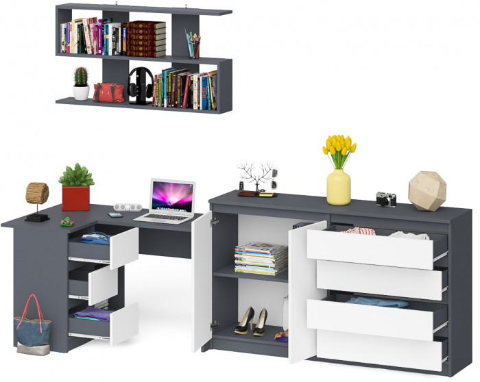 Мори компьютерный стол МС-16 левый + Комод МК1600.1 + Полка 1200, графит/белый