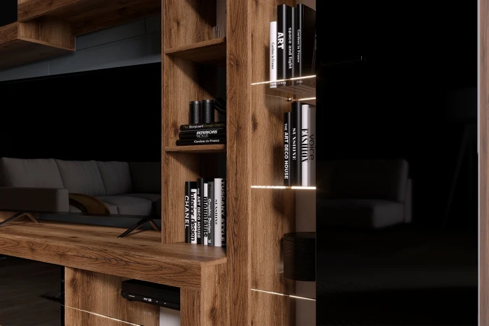 Прага Модульная Гостиная, вариант №4, Дуб Делано/Черный глянец