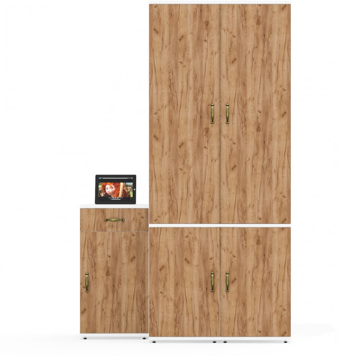 Лидер-8 Пенал МД 23Б + Пенал МД 23Б + Тумба МД 3.15, цвет белый шагрень/крафт золото, ШхГхВ 120х50х190 см., универсальная сборка