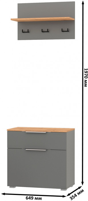 Октава 16.127 Тумба для обуви + 15.14.01 Вешалка, цвет серый графит/дуб крафт золотой/фасады МДФ серый графит, ШхГхВ 64,9х35,4х197 см.