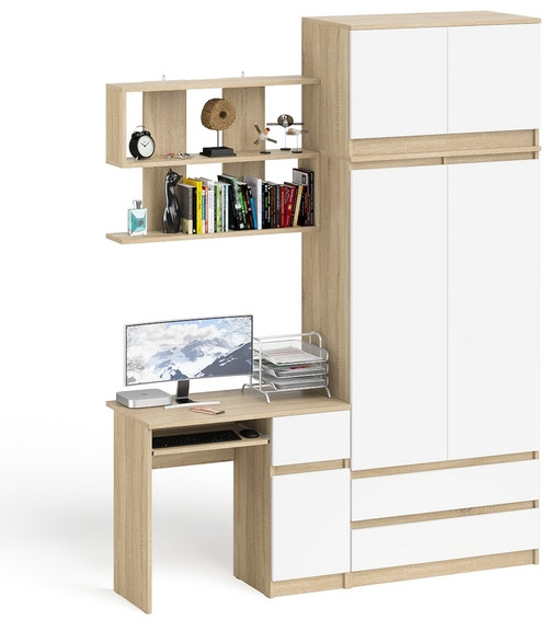 Мори компьютерный стол МС-1 правый + Шкаф МШ900.1 + Антресоль МА900.1 + Полка 900, дуб сонома/белый