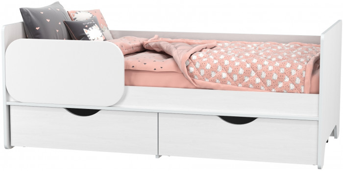 КР100 Уна 11.22 Кровать с ящиками, цвет белый(структура Поры дерева), ШхГхВ 163,8х87,6х65,3 см., 800х1600 мм., б/м, осн. есть, съёмный бортик