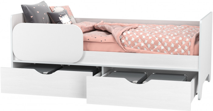 КР100 Уна 11.22 Кровать с ящиками, цвет белый(структура Поры дерева), ШхГхВ 163,8х87,6х65,3 см., 800х1600 мм., б/м, осн. есть, съёмный бортик