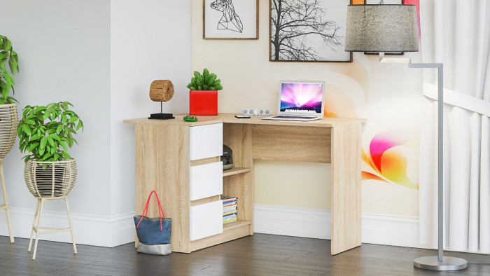 Мори Стол компьютерный МС-16 левый, цвет дуб сонома/белый, ШхГхВ 124,4х84,9х76,6 см., выдвижные ящики слева, НЕ универсальная сборка