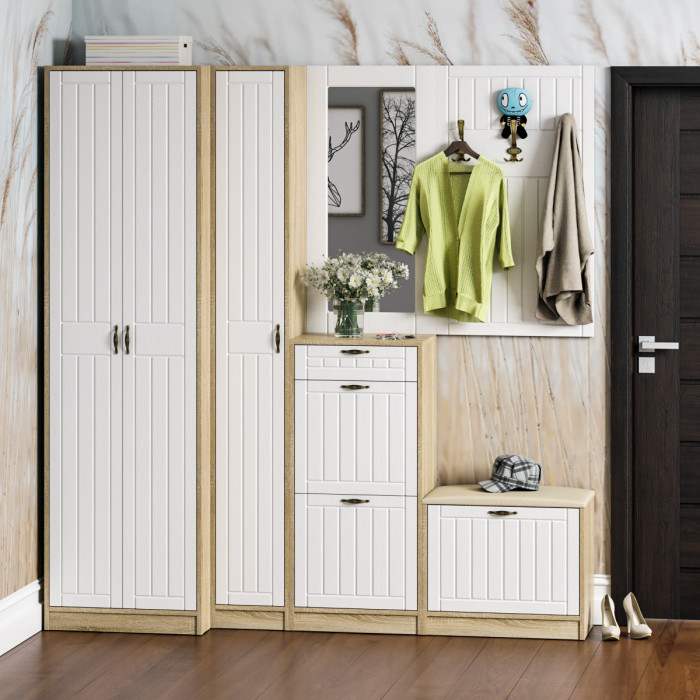 Прихожая П-6 Тумба, дуб сонома/фасады МДФ белое дерево фрезеровка прованс