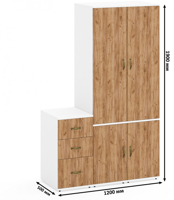 Лидер-8 Пенал МД 23Б + Пенал МД 23Б + Тумба МД 3.16, цвет белый шагрень/крафт золото, ШхГхВ 120х50х190 см., универсальная сборка