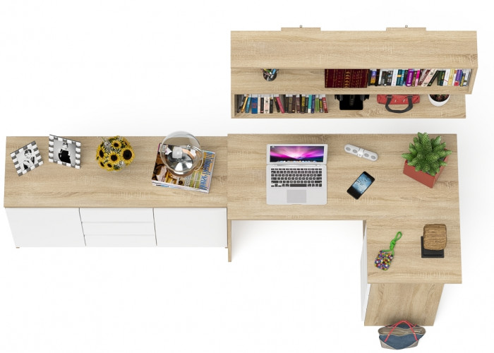 Мори компьютерный стол МС-16 правый + Комод МК1200.3 + Полка 1200, дуб сонома/белый