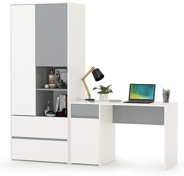 Торонто 12.149 Стол + 13.333 Шкаф для одежды, белый шагрень/стальной серый