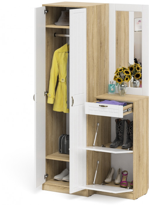 Прихожая П-6 Компоновка № 17, цвет дуб сонома/фасады МДФ белое дерево фрезеровка прованс, ШхГхВ 110х50х210 см., универсальная сборка