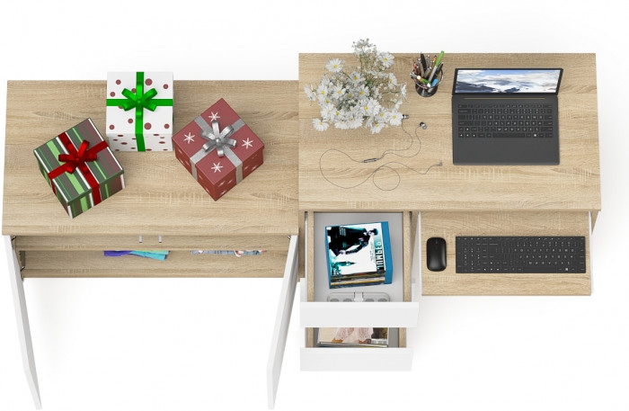 Мори компьютерный стол МС-6 левый + Тумба МА900.1, дуб сонома/белый