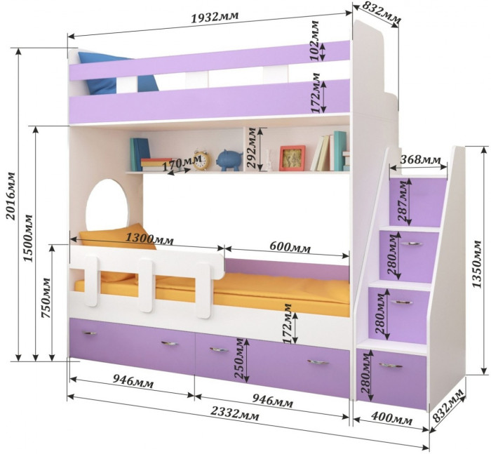 Двухъярусная кровать Юниор 1 + бортик Юниор (Белое дерево/Ирис)