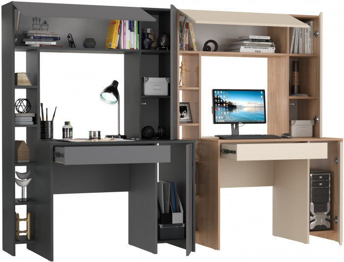 Два стола компьютерных Комфорт 12.71, цвет антрацит/тёмно-серый/гикори рокфорд натуральный/сатин, ШхГхВ 233,4х60,2х165,4 см., НЕ универсальная сборка