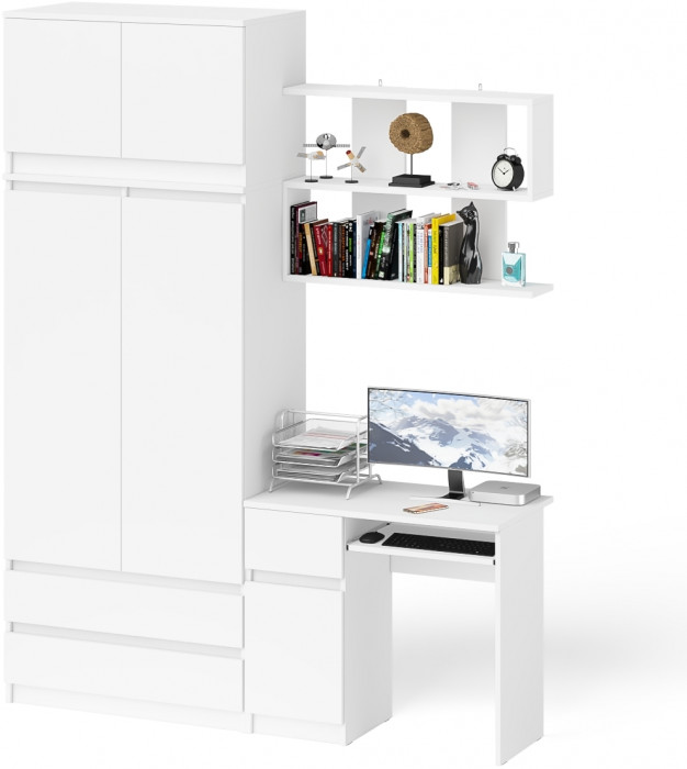 Мори компьютерный стол МС-1 левый + Шкаф МШ900.1 + Антресоль МА900.1 + Полка 900, белый