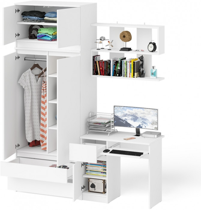 Мори компьютерный стол МС-1 левый + Шкаф МШ900.1 + Антресоль МА900.1 + Полка 900, белый