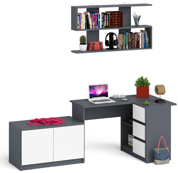 Мори компьютерный стол МС-16 правый + Тумба МА900.1 + Полка 1200, графит/белый