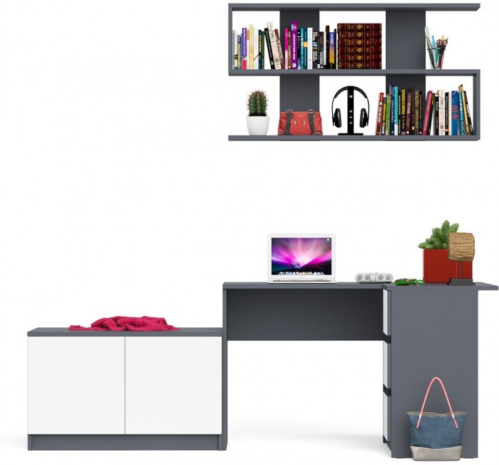 Мори компьютерный стол МС-16 правый + Тумба МА900.1 + Полка 1200, графит/белый