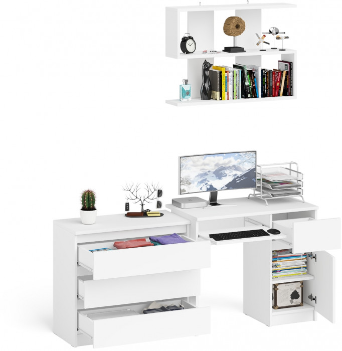 Мори компьютерный стол МС-1 правый + Комод МК800.1 + Полка 900, белый
